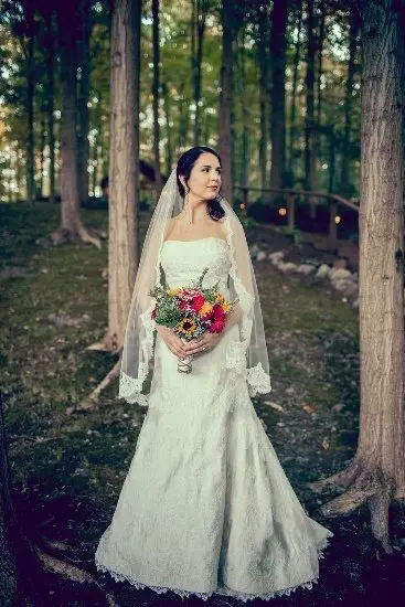 Veil or Not to Veil? 16 Bride in woods with bouquet of flowers